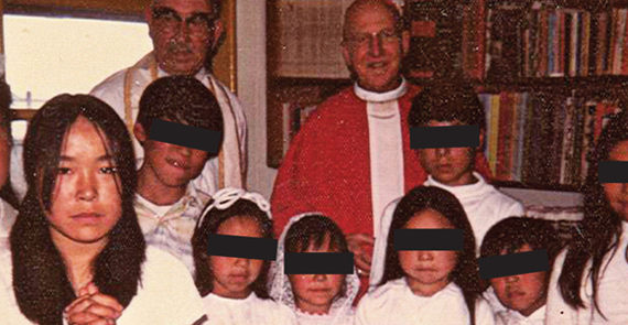 Rachel Mike, who won a settlement in a case involving Father Poole, at her confirmation in the summer of 1975. Behind her is Father George Endal, accused of raping or molesting several boys and allegedly walking in on another priest performing oral sex on a 6-year-old boy and doing nothing to stop it.