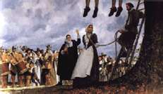 Puritans in Massachusetts Bay Colony hanging Quakers